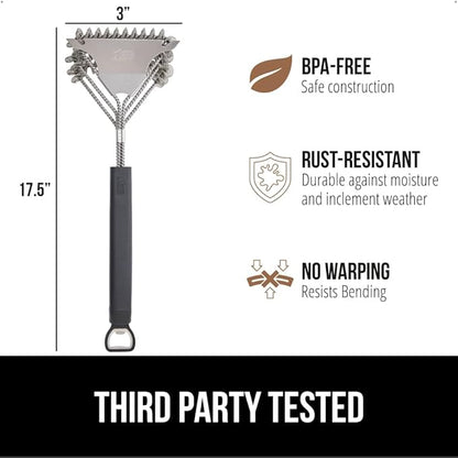 GORILLA GRIP Heavy Duty No Bristle Triple Helix Grill Brush with Scraper for Outdoor Grills, Safe Steam Cleaning, Oversized Comfortable Handle Grip with Bottle Opener, BBQ Tools, 17.5 Inch, Black