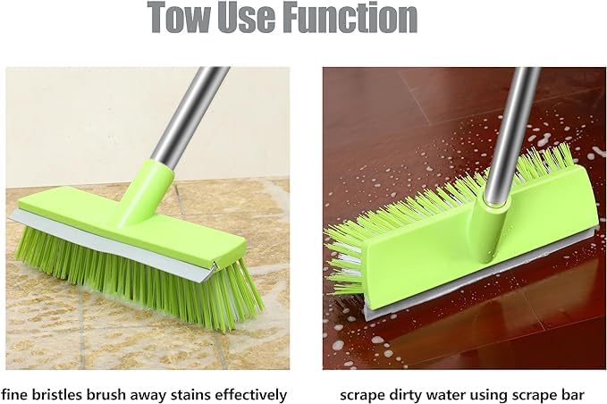 MEIBEI Floor Scrub Brush with Rubber Blade-54 Inches, Stiff Bristles Deck Brush with Adjustable Long Handle, Ideal for Cleaning Kitchen, Bathroom, Garage, Yard and Patio