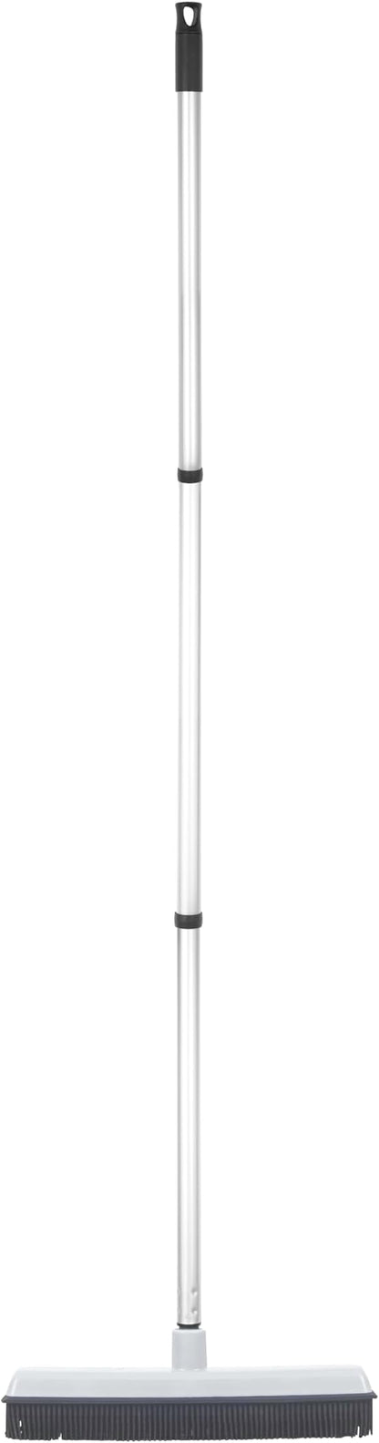 Rubber Bristle Broom for Floors Salon Broom, Rubber Squeegee Broom, Rug Broom, Rubber Rake for Human Hair, Pet Hair, Fur, Lint, Liquid, with 3-Part Handle, Grey