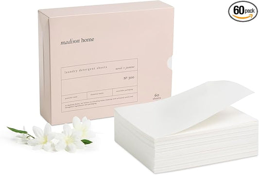 Madison Home Laundry Detergent Sheets, Hypoallergenic with Stain Fighting Special Bio-Enzymes, Home & Travel Laundry Detergent Sheets, Plastic Free Packaging, Neroli and Jasmine, 60 sheets
