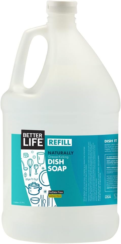 Better Life Dish Soap - Liquid Dishwashing Soap with Vitamin E and Aloe for Home & Kitchen Sink - No Gloves Required Kitchen Soap for Sensitive Skin - 1 Gal Refill Lemon Mint