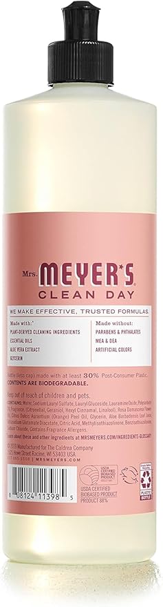 MRS. MEYER'S CLEAN DAY Liquid Dish Soap, Rose Scent, 16 Fl Oz (Pack of 3)
