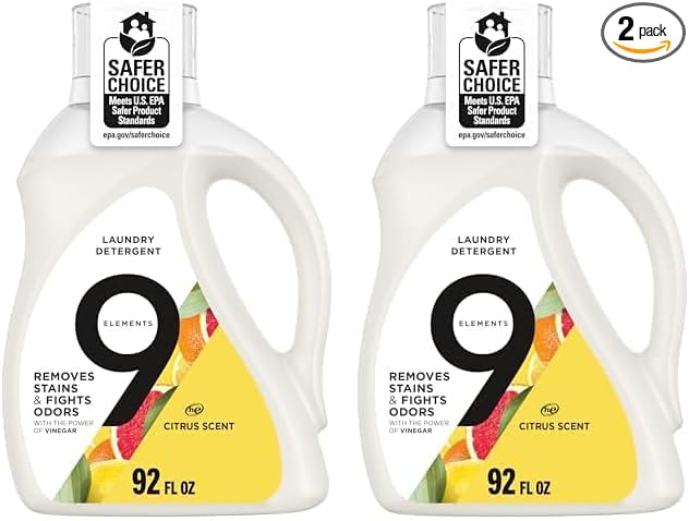 9 Elements Natural Laundry Detergent Liquid Soap, Citrus Scent, Vinegar Powered, 92 Fl Oz, 1 Count (Pack of 2)