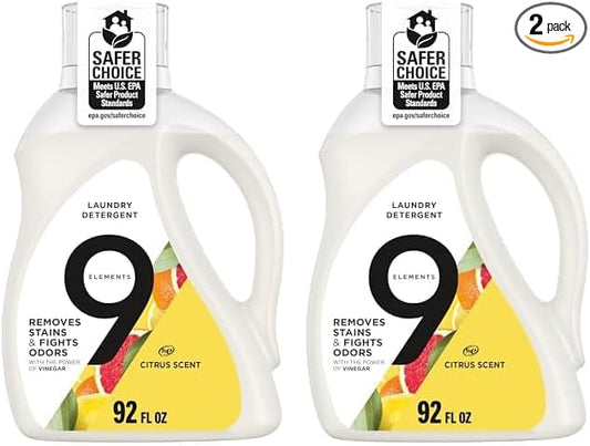 9 Elements Natural Laundry Detergent Liquid Soap, Citrus Scent, Vinegar Powered, 92 Fl Oz, 1 Count (Pack of 2)