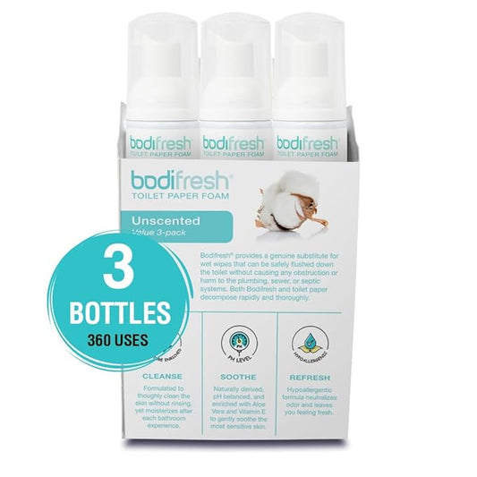 Toilet Paper Foam, Plant-Based w. Aloe & Vitamin E, Hypoallergenic, Flushable, 360+ Uses per Pack - 3 Bottles (Unscented)