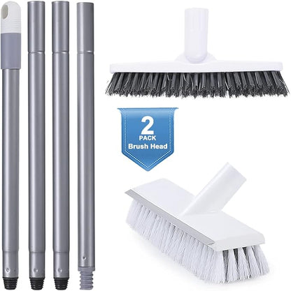 Floor Scrub Brush and Grout Brush Set with Long Handle, Heavy Duty Grout Cleaner Brush with Stiff Bristle for Tile, Corner, Carpet, Garage, Deck, Shower Floor (2 Pack Brush Head)