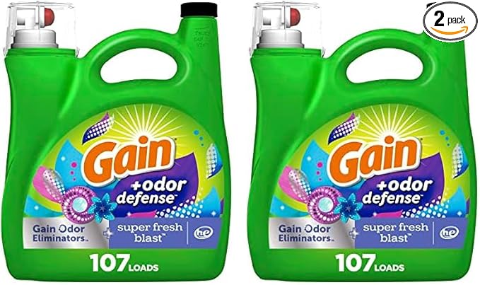 Gain + Odor Defense Liquid Laundry Detergent Super Fresh Blast Scent 154 fl oz 107 Loads HE Compatible (Pack of 2)