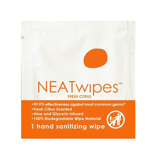 NEATwipes Hand Sanitizing Wipes | Travel Essentials | Disposable Wet Wipe & Planet Friendly | Fresh Citrus Essential Oil | 10 Pouches of 24 Individually Wrapped Wipes