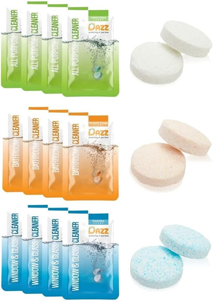 Dazz Whole House Refill Pack (4 Of Each Product - 12 Total) Natural Cleaning Tablets - All Purpose Cleaner, Glass and Window Cleaner, and Bathroom Cleaner - Eco Friendly, Non Toxic