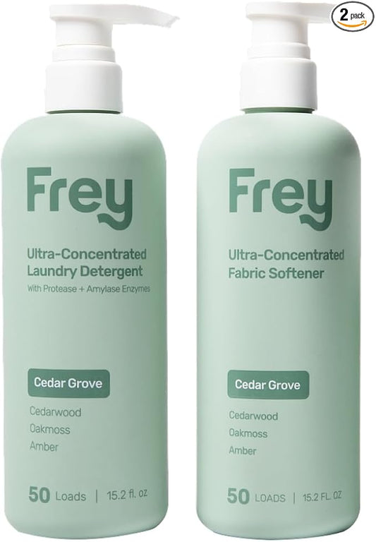 FREY Laundry Care Bundle: Concentrated Detergent & Fabric Softener, Cedar Grove Scent, HE-Compatible, Eco-Friendly