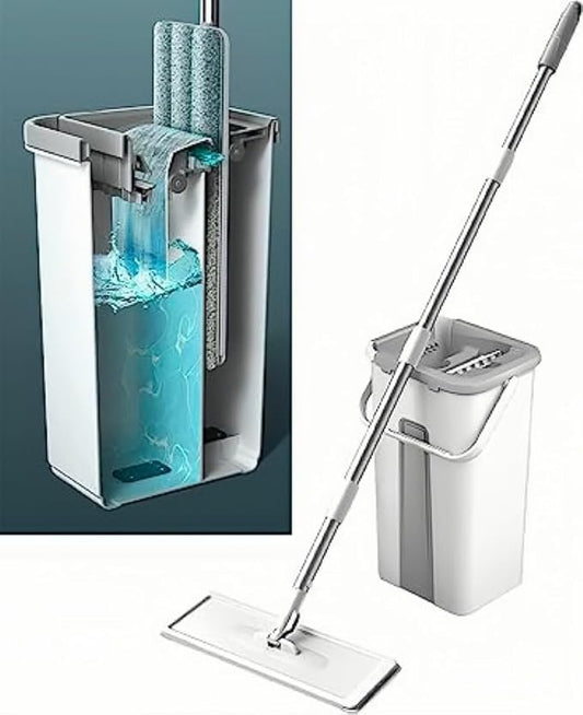 2 in 1 Mop & Bucket with Wringer Set - Clean Kitr, Hands Free Flat Floor Mop & Bucket, Washable Microfiber Pads Included, Wet & Dry Use, Home Floor Cleaning System