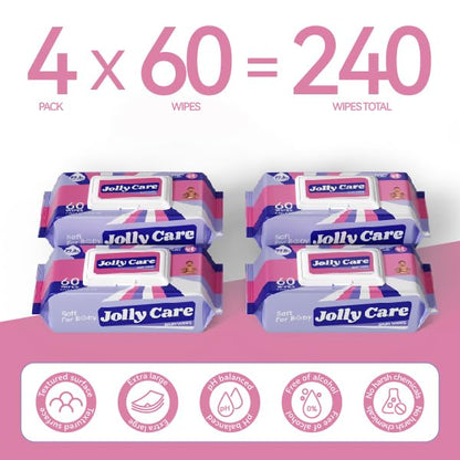 Sensitive Baby Wipes Unscented, 99% Water-based Wipes, Fragrance-free, Alcohol-free, Hypoallergenic, Soft, Large and Thick for Hands, Face, Toys, 4 Flip-Top Packs (240 Wipes Total)