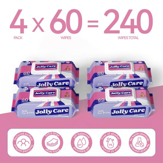 Sensitive Baby Wipes Unscented, 99% Water-based Wipes, Fragrance-free, Alcohol-free, Hypoallergenic, Soft, Large and Thick for Hands, Face, Toys, 4 Flip-Top Packs (240 Wipes Total)