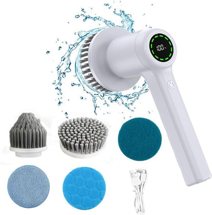 Electric Handheld Spin Scrubber, 2024 New IPX7 Waterproof, Cordless Portable Brush, 5 Replaceable Brush Heads, LCD Display, Kitchen Dish Washing, Bathroom/Wall Gap, Floor/Home Effortless Cleaning