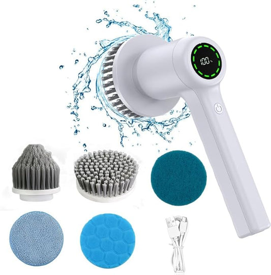 Electric Handheld Spin Scrubber, 2024 New IPX7 Waterproof, Cordless Portable Brush, 5 Replaceable Brush Heads, LCD Display, Kitchen Dish Washing, Bathroom/Wall Gap, Floor/Home Effortless Cleaning