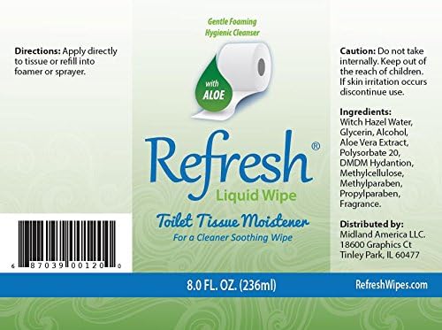 Refresh Liquid Wipe: Toilet Paper Foam Dispenser Refill. Eco-Friendly Flushable Wet Wipe Alternative with Witch Hazel and Aloe. 8 oz Refill.…