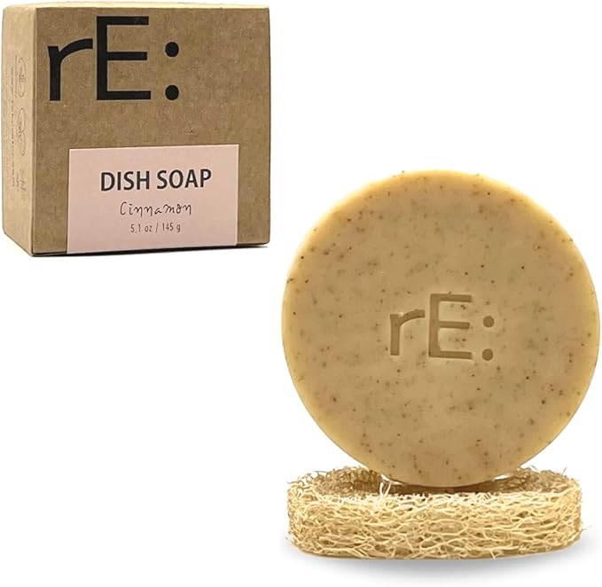 RE: Eco-Friendly Dish Washing Soap Bar with Loofah Holder - Palm Oil Free, Zero Waste, Plastic Free, Free of Artificial Dyes and Fragrance (1, Cinnamon)