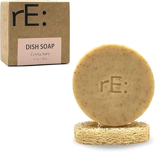 RE: Eco-Friendly Dish Washing Soap Bar with Loofah Holder - Palm Oil Free, Zero Waste, Plastic Free, Free of Artificial Dyes and Fragrance (1, Cinnamon)