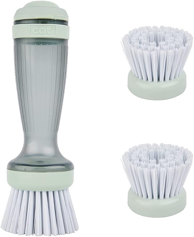 CQT Dish Brush with Soap Dispenser for Dishes, Kitchen Sink, Pot, Pan Scrubbing, 1 Brush 2 Refills