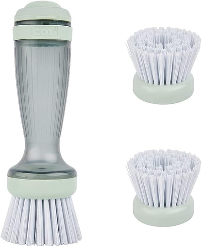 CQT Dish Brush with Soap Dispenser for Dishes, Kitchen Sink, Pot, Pan Scrubbing, 1 Brush 2 Refills