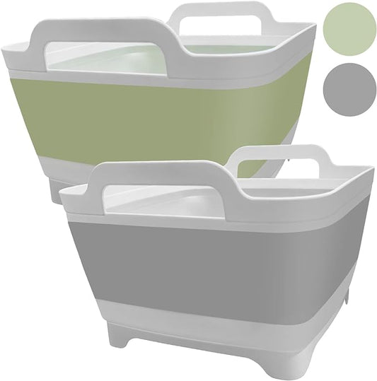 Ikaufen 2PCS Dishpan for Washing Dishes, 9L(2.4Gallon) Collapsible Wash Basin with Drain Plug Carry Handles, Collapsible Bucket for Cleaning, Vegetable Washing, RV(Green + Grey)