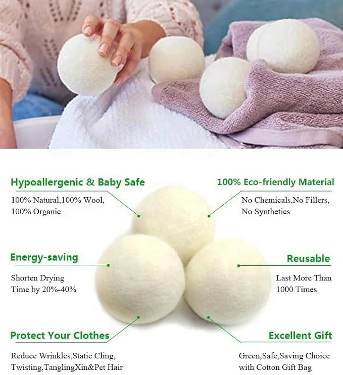 Wool Dryer Balls, Extra Large, Set of 6, Natural Fabric Softener, Chemical Free, Scented XL, Reuable and Replacement for Fabric Softener (Multicolor)