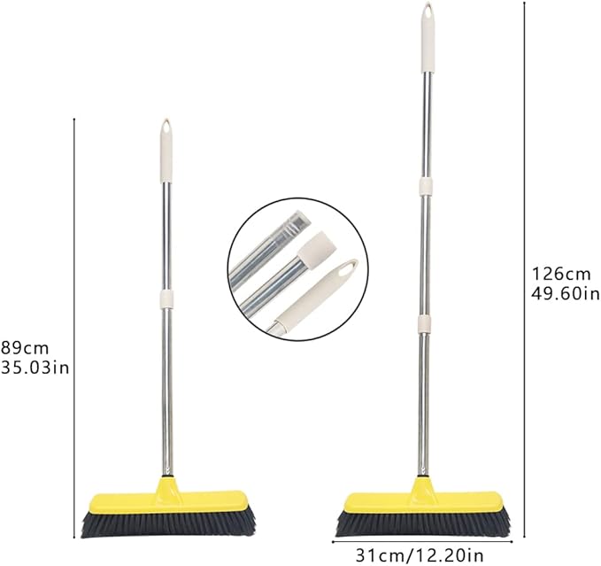 Push Broom with Long Handle, Floor Brush 47.6 inch Soft Bristle Broom 12.2" Wide for Cleaning Bathroom Kitchen Patio Garage Deck Tile Floor