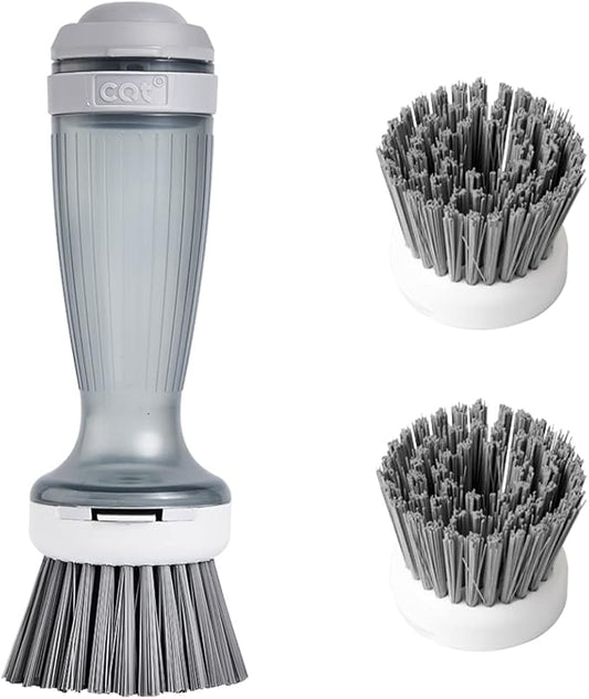 CQT Dish Brush with Soap Dispenser for Dishes, Kitchen Sink, Pot, Pan Scrubbing, 1 Brush 2 Refills