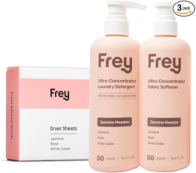 Frey Complete Laundry Package | Jasmine Meadow Scent | Detergent, Fabric Softener & Dryer Sheets | Nature’s Luxury