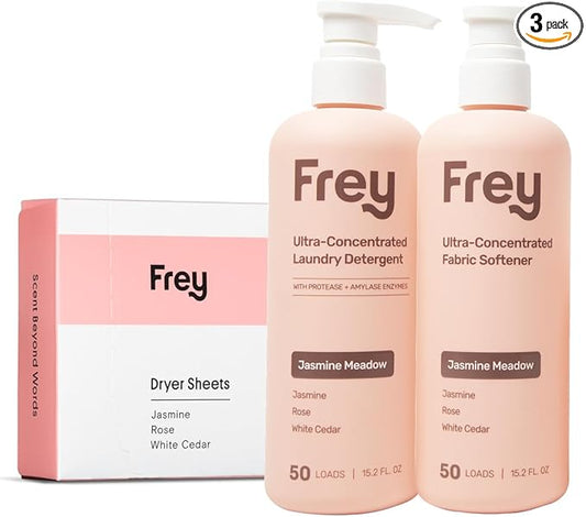 Frey Complete Laundry Package | Jasmine Meadow Scent | Detergent, Fabric Softener & Dryer Sheets | Nature’s Luxury