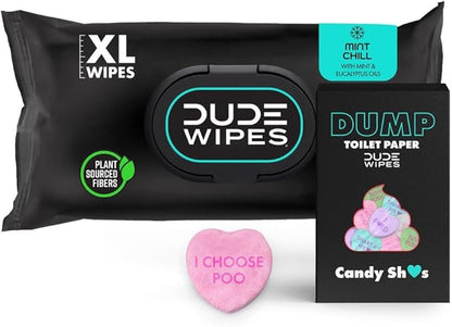 DUDE Wipes Conversation Hearts Candy Gift For Him Bundle With 1 Pack 48 Flushable Wipes Mint Chill - Valentines Day Gift for Him - Sewer & Septic Safe