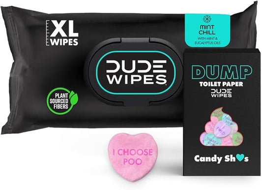 DUDE Wipes Conversation Hearts Candy Gift For Him Bundle With 1 Pack 48 Flushable Wipes Mint Chill - Valentines Day Gift for Him - Sewer & Septic Safe