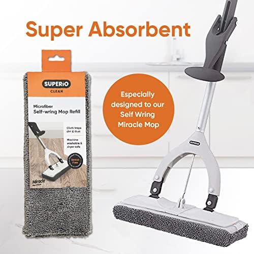Superio Microfiber Mop Head Replacement for Self-Wring Miracle Mop, Microfiber Cleaning Pad, Mop Refill, Self Wringing Mop (3 Pack)