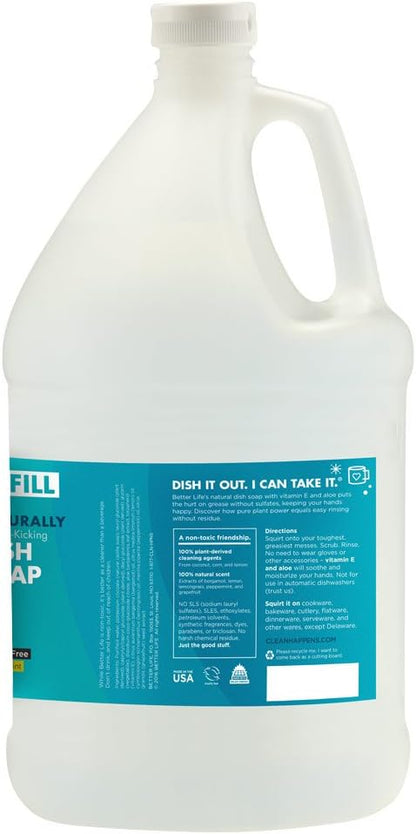 Better Life Dish Soap - Liquid Dishwashing Soap with Vitamin E and Aloe for Home & Kitchen Sink - No Gloves Required Kitchen Soap for Sensitive Skin - 1 Gal Refill Lemon Mint