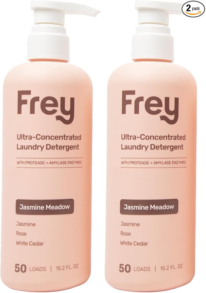 FREY Concentrated Liquid Laundry Detergent - Specially Formulated for Sensitive Skin and High Efficiency (HE) Washers - Removes Stains, Ideal for 50 Loads - Jasmine Rose White Cedar Scent - Pack of 2