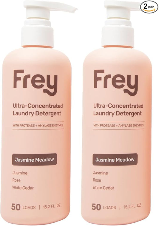 FREY Concentrated Liquid Laundry Detergent - Specially Formulated for Sensitive Skin and High Efficiency (HE) Washers - Removes Stains, Ideal for 50 Loads - Jasmine Rose White Cedar Scent - Pack of 2
