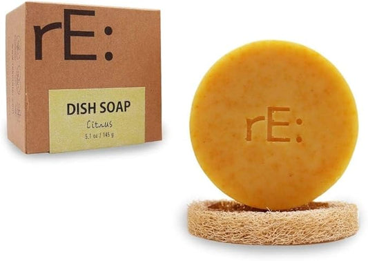 RE: Eco-Friendly Dish Washing Soap Bar with Loofah Holder - Palm Oil Free, Zero Waste, Plastic Free, Free of Artificial Dyes and Fragrance, and Citrus Scented (1 Pk, Citrus)