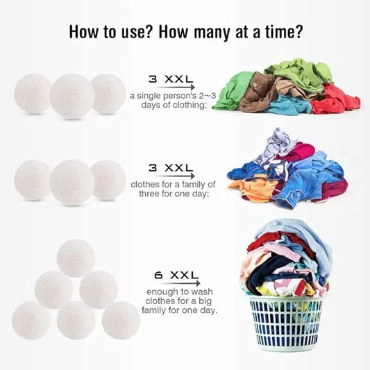 Wool Dryer Balls 100% Organic Reusable - 6-Pack XL Premium Natural Fabric Softener, Chemical-Free, Baby Safe/Hypoallergenic, and eco-Friendly for Laundry