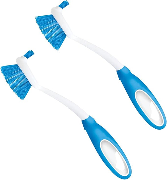 Dish Brush Scrubber for Kitchen, by LOLA, Has Stiff Bristles & Food Scraper, Comfort No-Slip Grip Handle, Safe for Non-Stick & Coated Cookware, 2 Pack