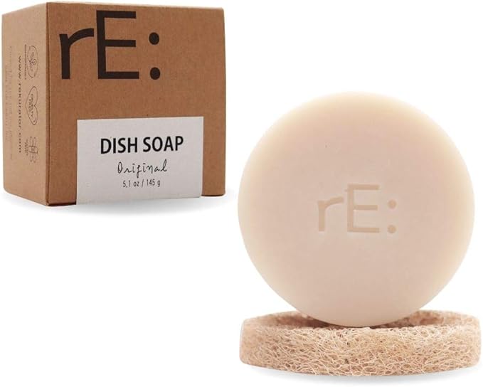 RE: Eco-Friendly Dish Washing Soap Bar With Loofah Holder - Palm Oil Free, Zero Waste, Plastic Free, No Artificial Dyes or Fragrance (1, Unscented)