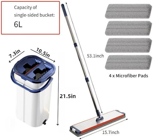 Mop Bucket with Wringer, Ultra-Fine Fiber Stainless Steel Flat Mop Bucket Set, Reusable Ultra-Fine Fiber Mop Pad, Suitable for Floor, Wall, Glass Multi-Purpose Cleaning