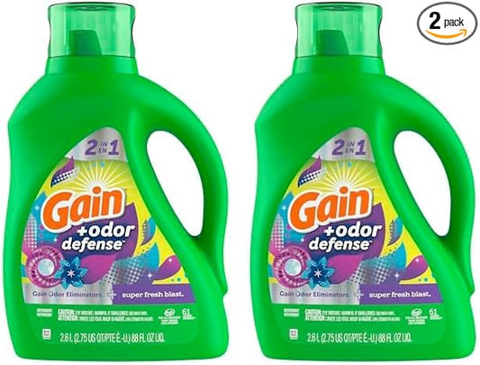 Gain + Odor Defense Liquid Laundry Detergent, Super Fresh Blast Scent, 88 Oz, 61 Loads, HE Compatible (Pack of 2)