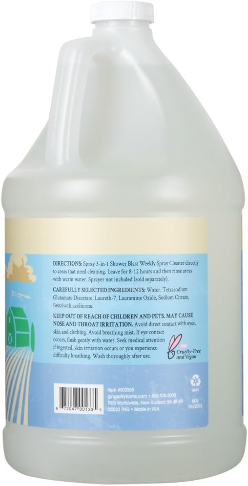 Ginger Lily Farms Botanicals Plant-Based 3-in-1 Shower Blast Weekly Spray Cleaner, 100% Vegan & Cruelty-Free, Fragrance-Free, 1 Gallon (128 fl. oz.) Refill