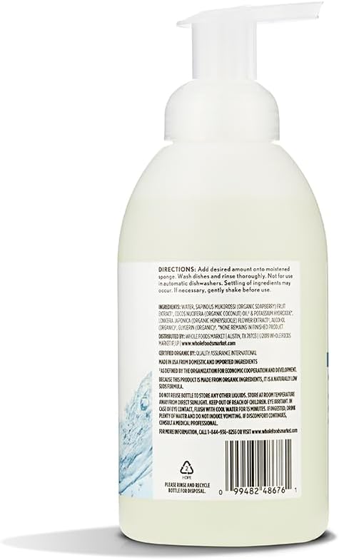 Whole Foods Market, Organic Foaming Dish Soap, Unscented, 18 Fl Oz (Pack of 2)