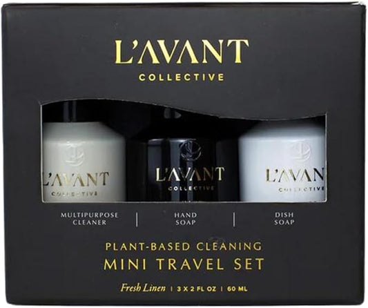 L'AVANT Collective Kitchen Essentials Mini Travel Set Dish Soap, Hand Soap, Multipurpose Surface Cleaner High Performing Notes of Ylang Ylang, Bamboo, Lavender, Geranium Fresh Linen Scent 3x 2oz