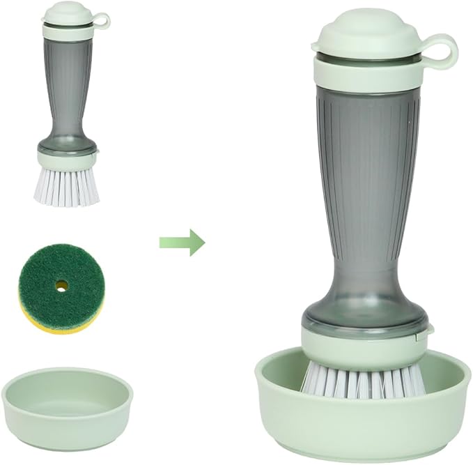 CQT Dish Brush with Soap Dispenser for Dishes, Kitchen Sink, Pot, Pan Scrubbing, 1 Brush 2 Refills
