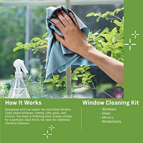 E-Cloth 2-Pack Window Cleaning Cloth - Streak-Free Glass & Mirror Cleaning Kit with Just Water, Glass Cleaning Cloth, Microfiber Towel Kit for Windows, Car Windshield, Mirrors - Winter Green