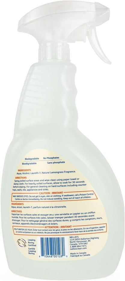 Nellie's All-Purpose Cleaner - Plant-Based Multi-Purpose Cleaner - Biodegradable, Leaping Bunny Certified, and Eco-Friendly - Lemongrass Scent (24 fl oz) - (Made in Canada)