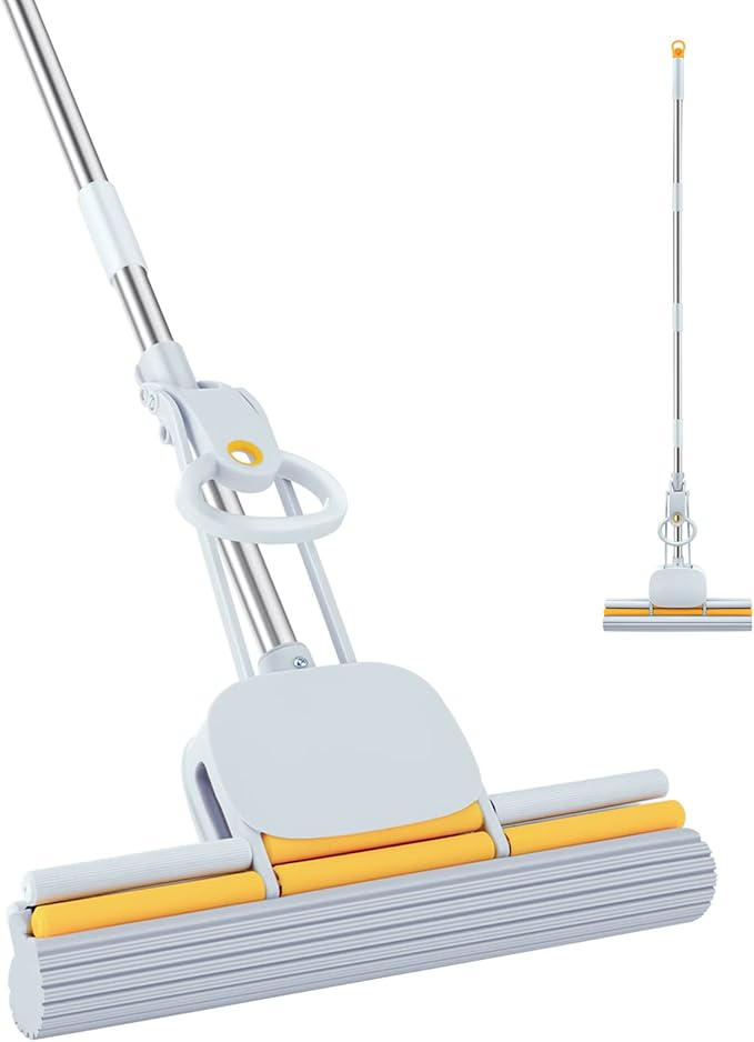 PVA Sponge Mops 60" Long Handle 15" Head with 2 Pads Sponge Mops for Floor Cleaning Squeeze with Wringer