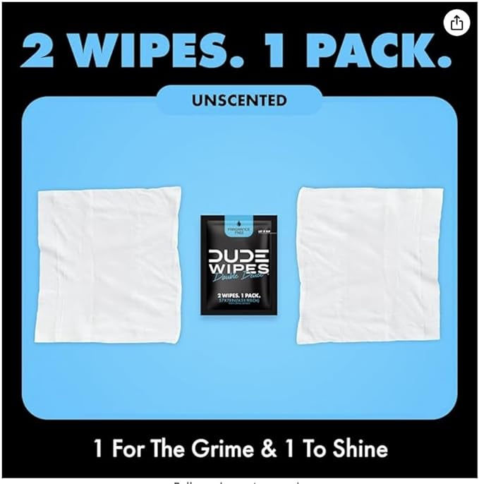 DUDE Wipes - Double Deuce - Two-In-One On-The-Go Flushable Wipes - 2 Pack, 80 Wipes - Unscented Extra-Large Individually Wrapped Wipes with Vitamin E & Aloe - Septic and Sewer Safe